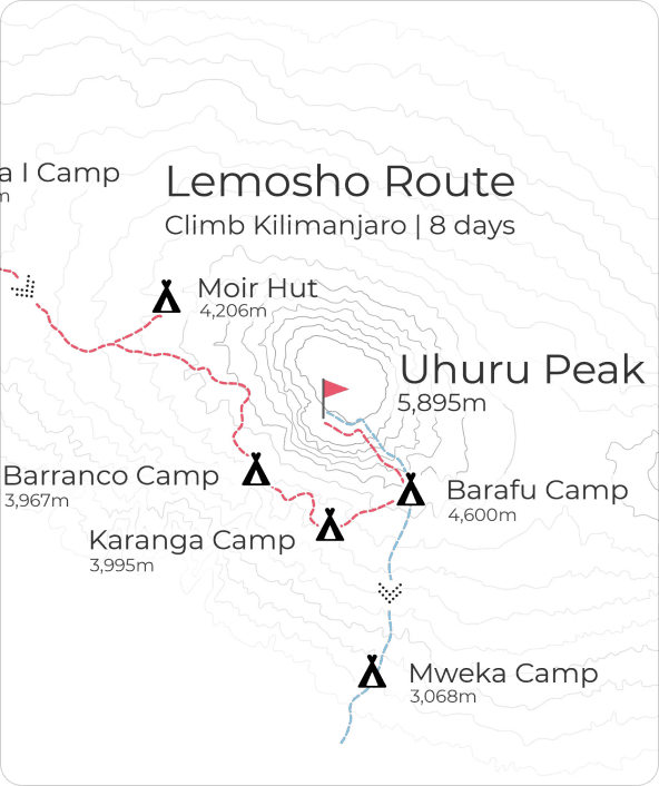 Illustrated Kilimanjaro route map for the Lemosho Route